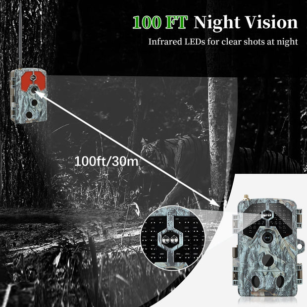 2-tlg. A106W 4K WIFI 64MP Wildkamera 30m Nachtsicht Bewegungsaktiviert 0,1 s Auslösegeschwindigkeit Kein Leuchten Wasserdicht für Wildbeobachtung und Sicherheit im Garten