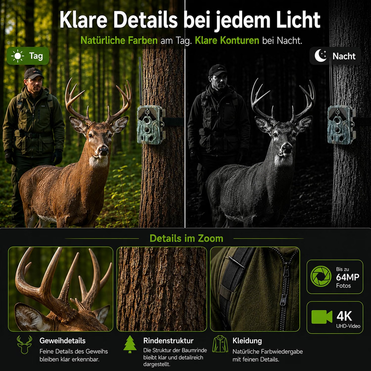 4K WIan 64MP  Wildkamera mit 100ft Nachtsicht bewegungsaktiviert 0,1s Auslösegeschwindigkeit kein Leuchten wasserdicht für Wildbeobachtung und Sicherheit im Garten | A106W Tannenasch
