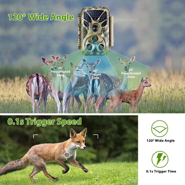 2-Pack Wildkamera 64MP 4K Full HD Video mit Audio und Bewegungsmelder Nachtsicht max. Entfernung bis zu 100ft, 0,1s Auslösegeschwindigkeit, Wasserdicht IP66 | T326 Mattes Militärgrün