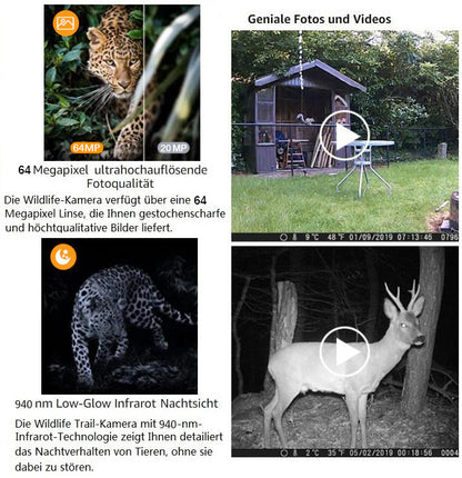 Wildkamera 64MP 2304*1296p mit Bewegungsmelder Nachtsicht Maximale Entfernung bis 75 Füße, 0,3s Trigger Geschwindigkeit , IP66 Wasserdichter| A252 Mattes Militärgrün