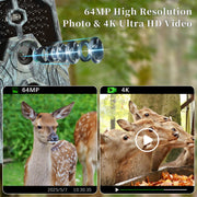 2-tlg. A106W 4K WIFI 64MP Wildkamera 30m Nachtsicht Bewegungsaktiviert 0,1 s Auslösegeschwindigkeit Kein Leuchten Wasserdicht für Wildbeobachtung und Sicherheit im Garten