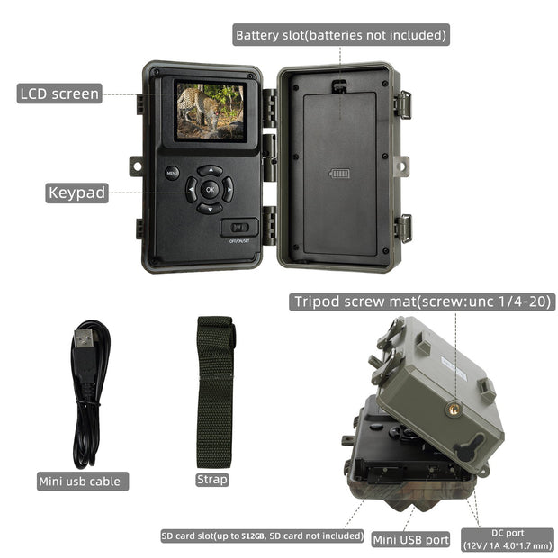 2tlg.Wildkameras 64MP 1296p Video mit Audio und Bewegungsmelder Nachtsicht max. Entfernung bis 100Füße, 0,1s Trigger Geschwindigkeit, Wasserdicht IP66 | A323