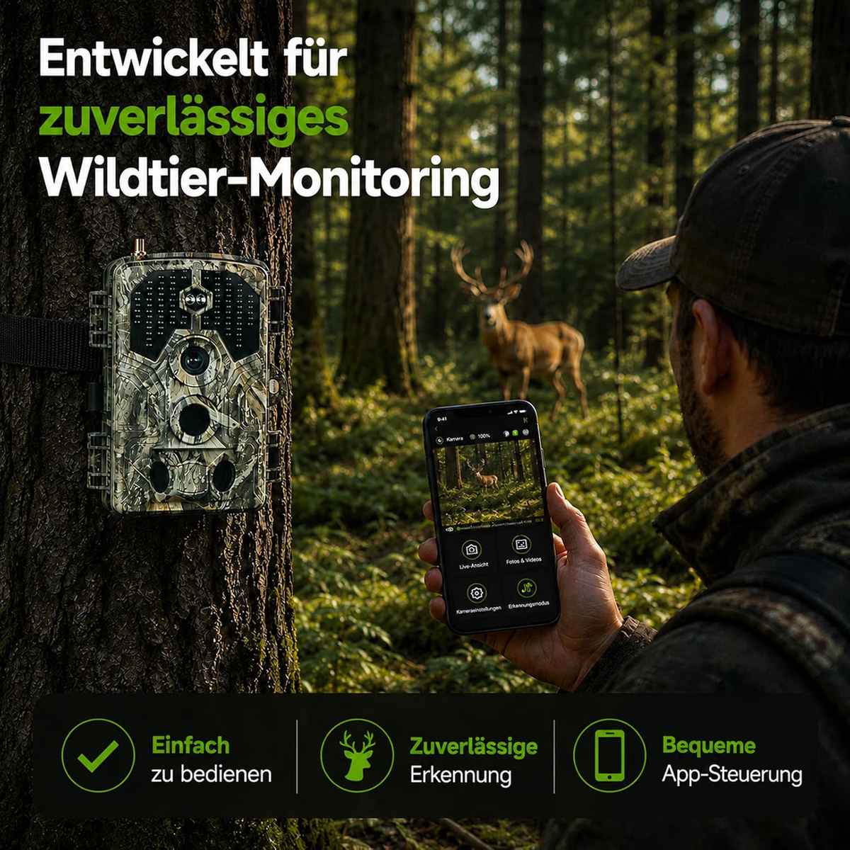 4K WIan 64MP  Wildkamera mit 100ft Nachtsicht bewegungsaktiviert 0,1s Auslösegeschwindigkeit kein Leuchten wasserdicht für Wildbeobachtung und Sicherheit im Garten | A106W Tannenasch