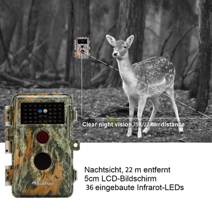 Wildkamera 64MP 2304*1296p mit Bewegungsmelder Nachtsicht Maximale Entfernung bis 75 Füße, 0,3s Trigger Geschwindigkeit , IP66 Wasserdichter| A252 Mattes Militärgrün