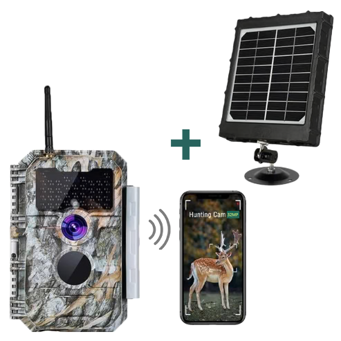 Bundle Wildkamera Wildtierkamer Jagdkamera Wlan 64MP 1296P 0,1s Auslöserzeit Nachtsicht Bewegungsmelder 110°PIR und Solarpanel-Kits 8000mAh 12V/9V/6V | W600 Tannenasch