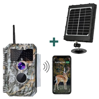 Bundle Wildkamera Wildtierkamer Jagdkamera Wlan 64MP 1296P 0,1s Auslöserzeit Nachtsicht Bewegungsmelder 110°PIR und Solarpanel-Kits 8000mAh 12V/9V/6V | W600 Tannenasch