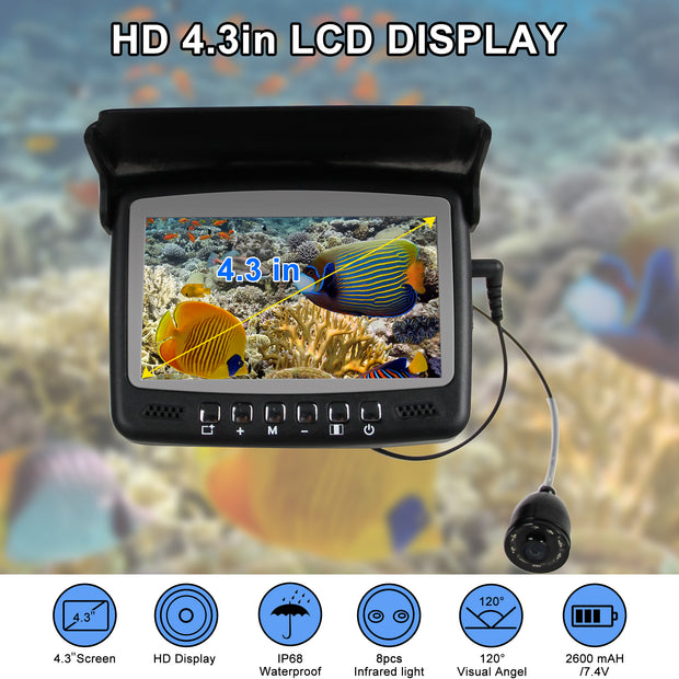 Angelkamera, tragbare Fischfinder-Kamera HD 1000 TVL Infrarot-LED wasserdichte Kamera mit 4,3-Zoll-LCD-Monitor für Eis See See Boot Kajak Angeln / CR110-7H