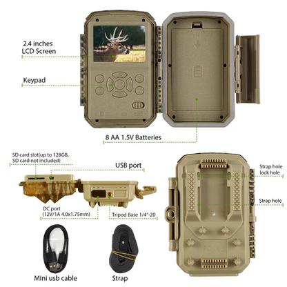 2-Pack Wildkamera 64MP 4K Full HD Video mit Audio und Bewegungsmelder Nachtsicht max. Entfernung bis zu 100ft, 0,1s Auslösegeschwindigkeit, Wasserdicht IP66 | T326 Mattes Militärgrün