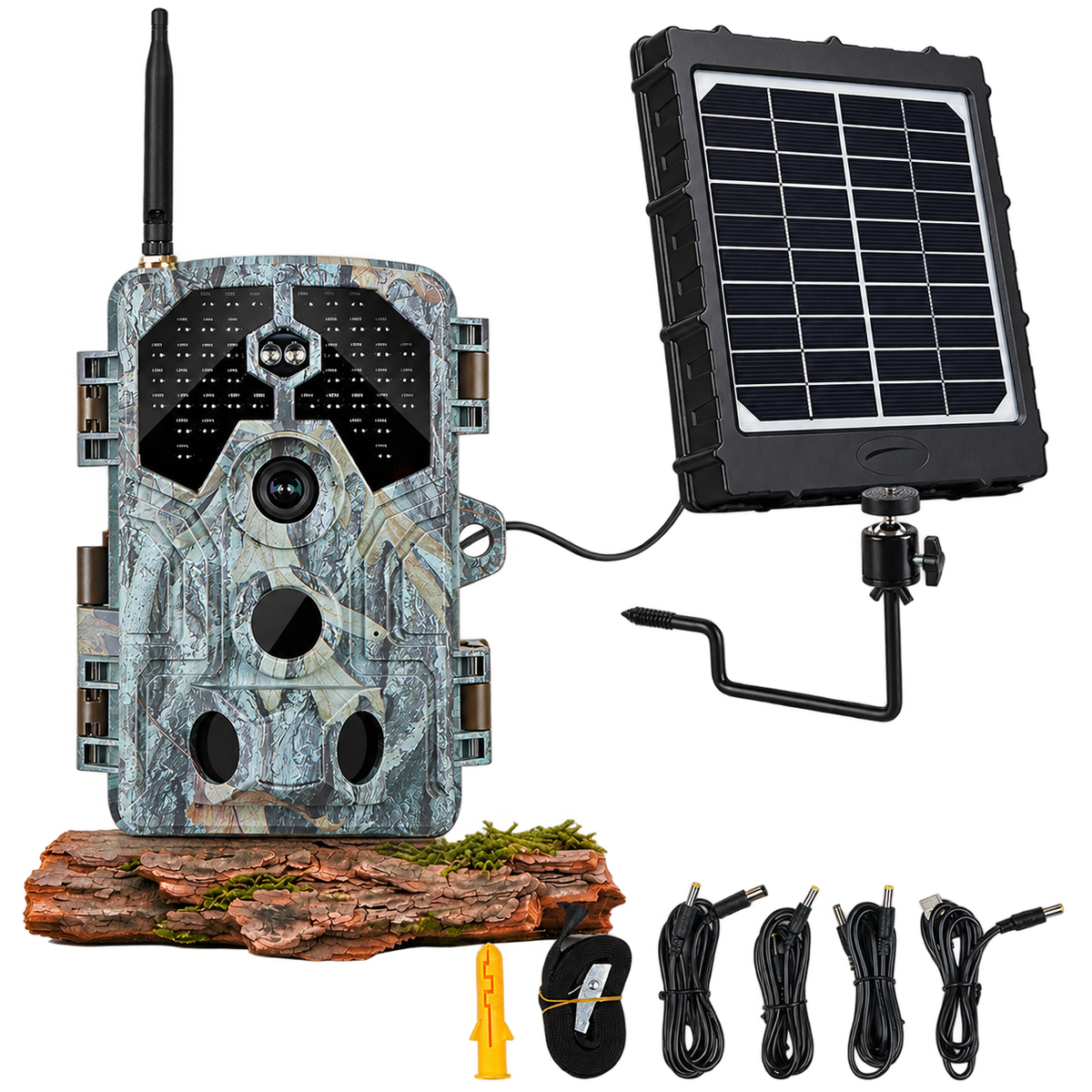Bundle Wildkamera Wildtierkamera Jagdkamera 64MP 4K + Solarpanel-Kits 3W 8000mAh 12V/9V/6V Maximale Entfernung bis 230 Füße, 0,1s Auslöserzeit | A106W Tannenasch