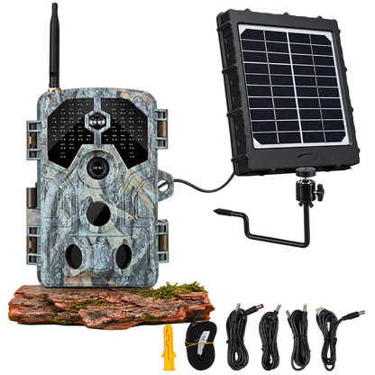 Bundle Wildkamera Wildtierkamera Jagdkamera 64MP 4K + Solarpanel-Kits 3W 8000mAh 12V/9V/6V Maximale Entfernung bis 230 Füße, 0,1s Auslöserzeit | A106W Tannenasch