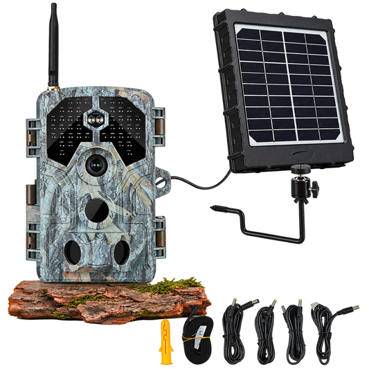 Bundle Wildkamera Wildtierkamera Jagdkamera 64MP 4K + Solarpanel-Kits 3W 8000mAh 12V/9V/6V Maximale Entfernung bis 230 Füße, 0,1s Auslöserzeit | A106W Tannenasch