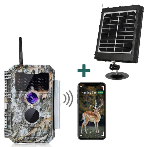 Bundle Wildkamera Wildtierkamer Jagdkamera Wlan 32MP 1296P 0,1s Auslöserzeit Nachtsicht Bewegungsmelder 110°PIR und Solarpanel-Kits 8000mAh 12V/9V/6V | W600