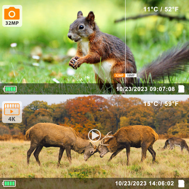 Wildkamera 32MP Foto 4K 2160P Full HD Video mit Audio und Bewegungsmelder Nachtsicht max. Entfernung bis zu 100ft, 0,1s Auslösegeschwindigkeit, Wasserdicht IP66 | T326 Grau