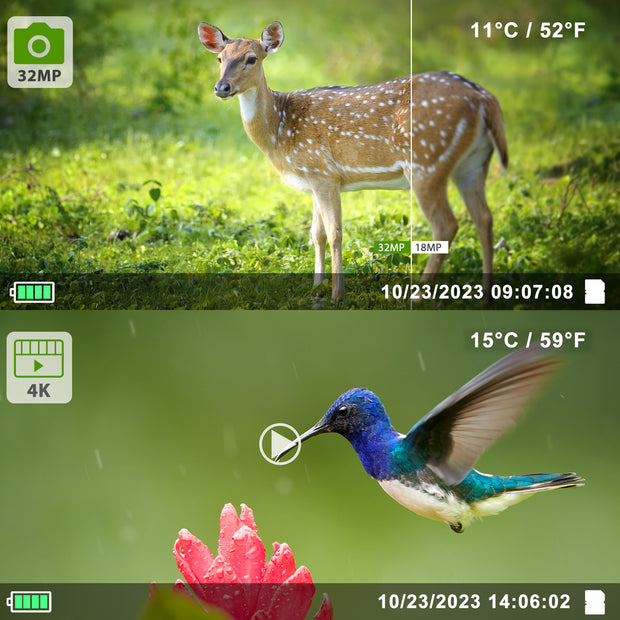 Wildkamera 32MP Foto 4K 2160P Full HD Video mit Audio und Bewegungsmelder Nachtsicht max. Entfernung bis zu 100ft, 0,1s Auslösegeschwindigkeit, Wasserdicht IP66 | T326