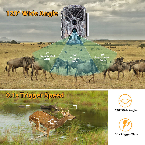 Wildkamera 32MP Foto 4K 2160P Full HD Video mit Audio und Bewegungsmelder Nachtsicht max. Entfernung bis zu 100ft, 0,1s Auslösegeschwindigkeit, Wasserdicht IP66 | T326