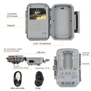 Wildkamera 32MP Foto 4K 2160P Full HD Video mit Audio und Bewegungsmelder Nachtsicht max. Entfernung bis zu 100ft, 0,1s Auslösegeschwindigkeit, Wasserdicht IP66 | T326