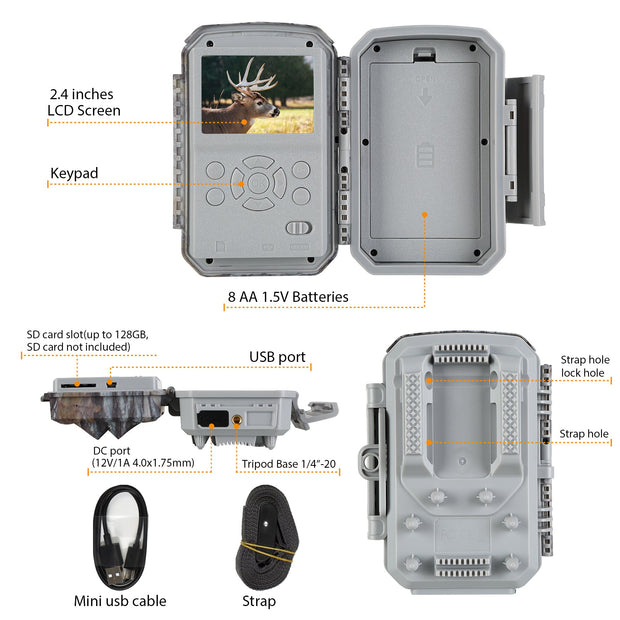 Wildkamera 32MP Foto 4K 2160P Full HD Video mit Audio und Bewegungsmelder Nachtsicht max. Entfernung bis zu 100ft, 0,1s Auslösegeschwindigkeit, Wasserdicht IP66 | T326