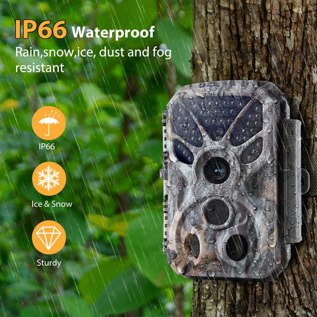 Wildkamera 32MP Foto 4K 2160P Full HD Video mit Audio und Bewegungsmelder Nachtsicht max. Entfernung bis zu 100ft, 0,1s Auslösegeschwindigkeit, Wasserdicht IP66 | T326
