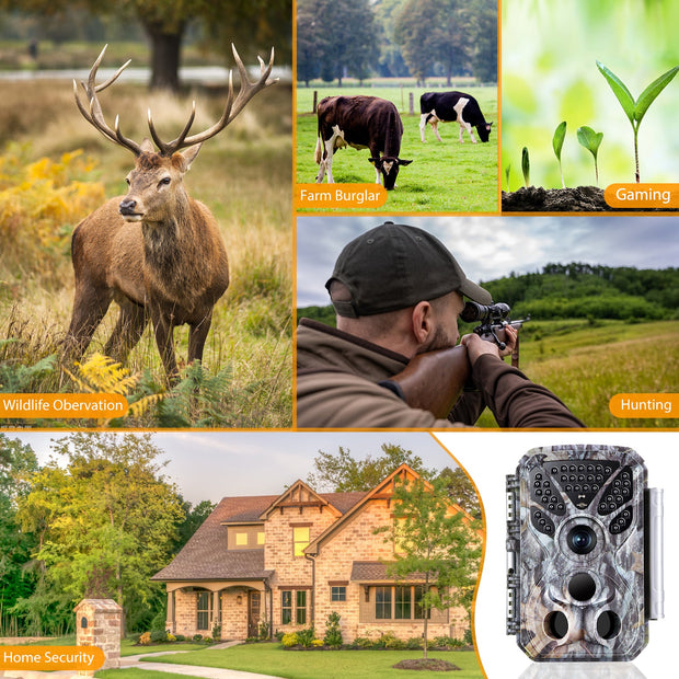 Wildkamera 32MP Foto 4K 2160P Full HD Video mit Audio und Bewegungsmelder Nachtsicht max. Entfernung bis zu 100ft, 0,1s Auslösegeschwindigkeit, Wasserdicht IP66 | T326