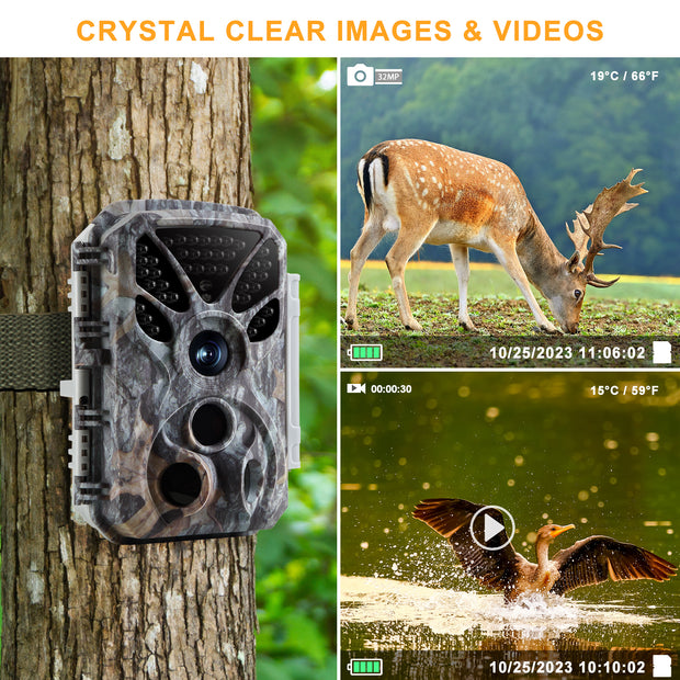 Wildkamera 32MP Foto 4K 2160P Full HD Video mit Audio und Bewegungsmelder Nachtsicht max. Entfernung bis zu 100ft, 0,1s Auslösegeschwindigkeit, Wasserdicht IP66 | T326 Grau