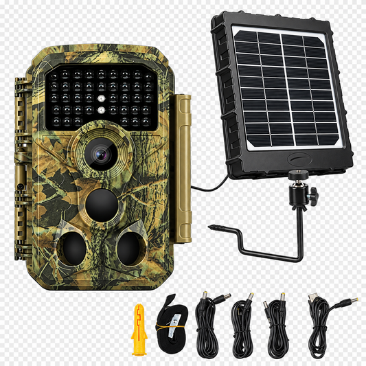 Bundle Wildkamera Wildtierkamera Jagdkamera 64MP 4K + Solarpanel-Kits 3W 8000mAh 12V/9V/6V Maximale Entfernung bis 100 Füße, 0,1s Auslöserzeit | T306 Mattes Militärgrün