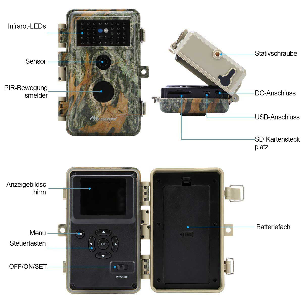 Caméra de surveillance animalière 4 pièces 64MP 1296p avec détecteur de mouvement, vision nocturne, portée maximale jusqu'à 75 pieds, vitesse de déclenchement de 0,3 s, étanchéité IP66 | A252 