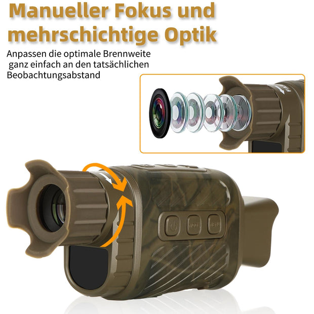 Monokular Teleskop mit Nachtsicht, Digitales Infrarot Nachtfernrohr für Jagd, Monokular mit Kamera, 200-300m Full Dark, 3W 850nm Infrarot-LED/ Braun