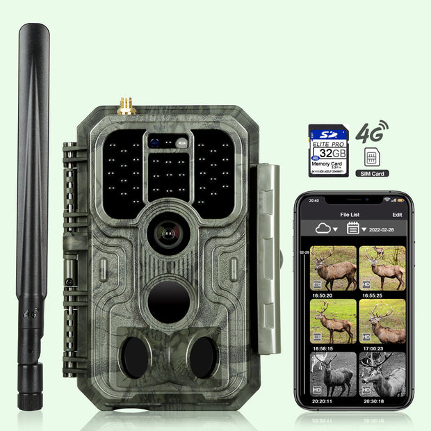 2-tlg. 4G LTE Wildkamera Fotofalle Wildtierkamera mit SIM-Karte 120° Bewegungserkennung 48MP 1296P Nachtsicht IP66 wasserdicht und 32GB SD Karte A390G Green