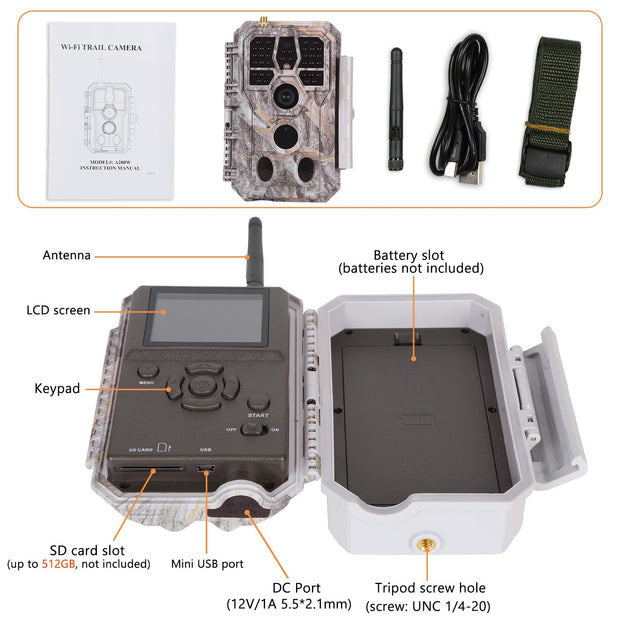 Bundle Wildkamera Wlan 32MP 1296P 0,1s Schnelle Trigger Geschwindigkeit Nachtsicht Bewegungsmelder 110°PIR IP66 Wasserdichter und Solarpanel-Kits 8000mAh 12V/9V/6V | A280W Grau