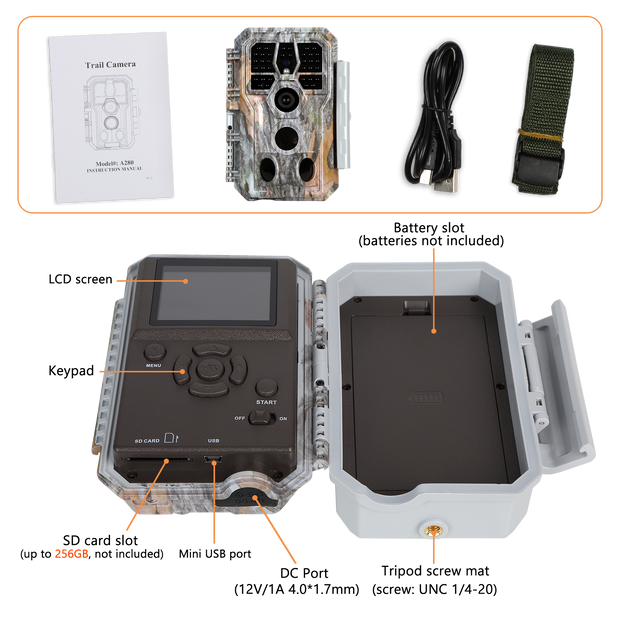 4-tlg. Wildkamera 24MP 1296p mit Audio und Bewegungsmelder Nachtsicht Max. Entfernung bis 100 Füße, 0,1s Trigger Geschwindigkeit , IP66| A280