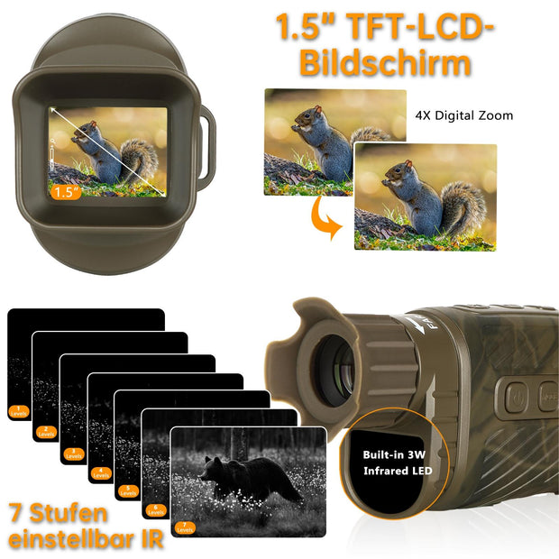 Monokular Teleskop mit Nachtsicht, Digitales Infrarot Nachtfernrohr für Jagd, Monokular mit Kamera, 200-300m Full Dark, 3W 850nm Infrarot-LED/ Braun