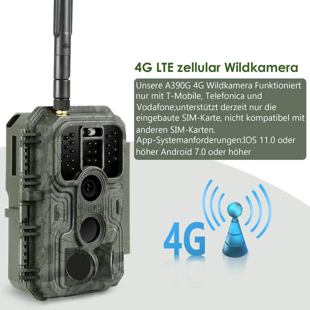 4G LTE Wildkamera Fotofalle Wildtierkamera mit SIM-Karte 120° Bewegungserkennung 32MP 1296P Nachtsicht IP66 wasserdicht und 32GB SD Karte A390G Green