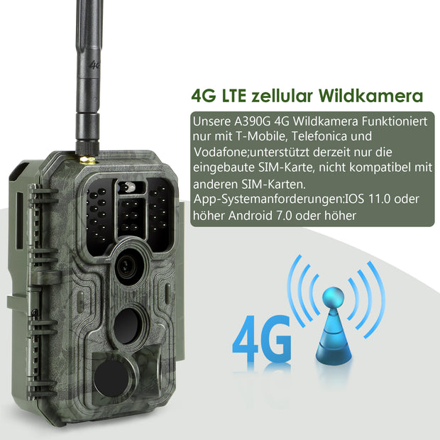 Bundle 4G LTE Wildkamera Wildtierkamera Jagdkamera 32MP mit SIM-Karte und 32GB Speicherkarte und Solarpanel-Kits A390G Green