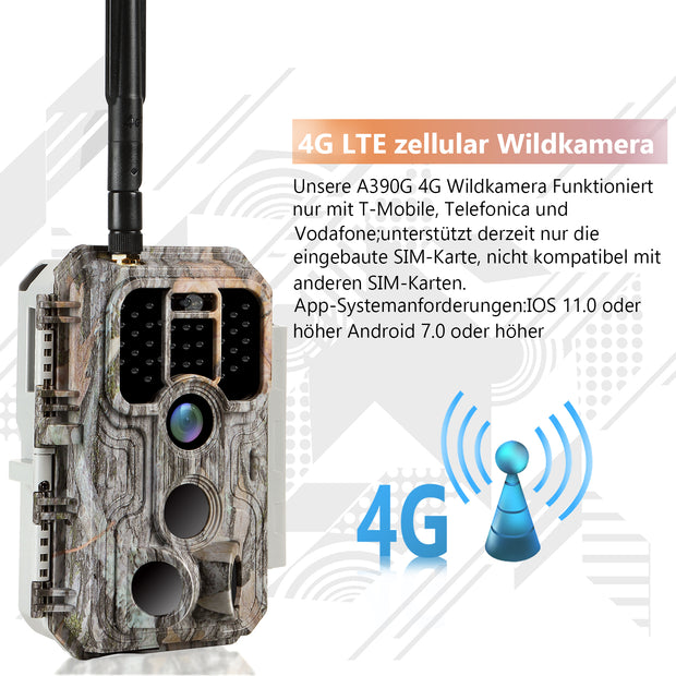 4G LTE Wildkamera Fotofalle Wildtierkamera mit SIM-Karte 120° Bewegungserkennung 32MP 1296P Nachtsicht IP66 wasserdicht und 32GB SD Karte A390G