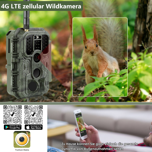 4G LTE Wildkamera Fotofalle Wildtierkamera mit SIM-Karte 120° Bewegungserkennung 48MP 1296P Nachtsicht IP66 wasserdicht und 32GB SD Karte A390G Green
