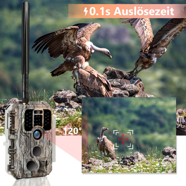 4G LTE Wildkamera Fotofalle Wildtierkamera mit SIM-Karte 120° Bewegungserkennung 32MP 1296P Nachtsicht IP66 wasserdicht und 32GB SD Karte A390G