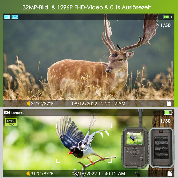 4G LTE Wildkamera Fotofalle Wildtierkamera mit SIM-Karte 120° Bewegungserkennung 48MP 1296P Nachtsicht IP66 wasserdicht und 32GB SD Karte A390G Green