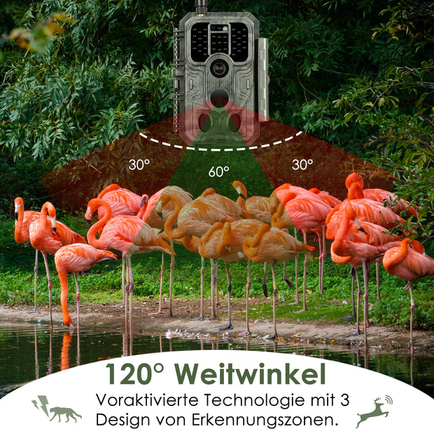 4G LTE Wildkamera Fotofalle Wildtierkamera mit SIM-Karte 120° Bewegungserkennung 48MP 1296P Nachtsicht IP66 wasserdicht und 32GB SD Karte A390G Green