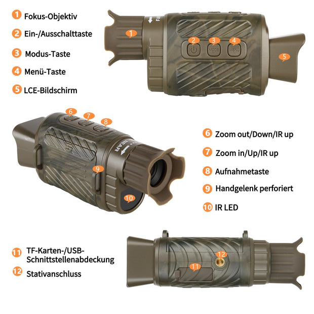 Monokular Teleskop mit Nachtsicht, Digitales Infrarot Nachtfernrohr für Jagd, Monokular mit Kamera, 200-300m Full Dark, 3W 850nm Infrarot-LED/ Braun