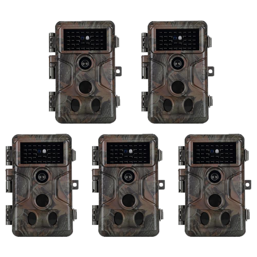 5tlg. Wildkamera 64MP 1296p Video mit Audio und Bewegungsmelder Nachtsicht max. Entfernung bis 100Füße, 0,1s Trigger Geschwindigkeit, Wasserdicht IP66 | A323