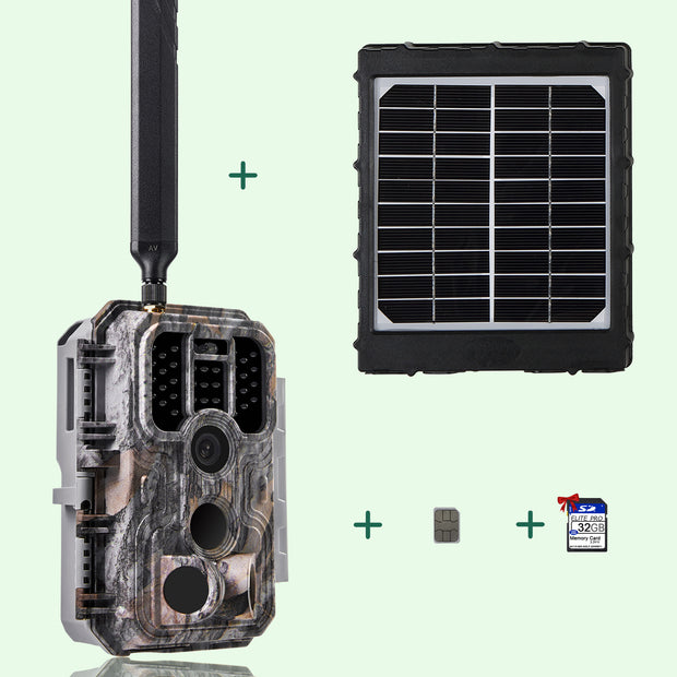 Bundle 4G LTE Wildkamera Wildtierkamera Jagdkamera 32MP mit SIM-Karte und 32GB Speicherkarte und Solarpanel-Kits A390G