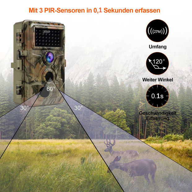 Wildtierkamera 24MP 2306*1296p mit Bewegungsmelder Nachtsicht Max. Entfernung bis 90 Füße, 0,1s Trigger Geschwindigkeit，IP66 Wasserdichter| A262