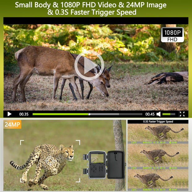 Wildkamera Game Cam 24MP 1080P mit Nachtsicht 42pcs Infrarot-LEDs Auslösedistanz bis zu 20m Erfassungswinkel 120° für die Jagd