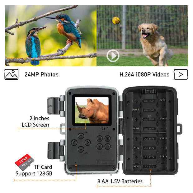 Wildkamera Game Cam 24MP 1080P mit Nachtsicht 42pcs Infrarot-LEDs Auslösedistanz bis zu 20m Erfassungswinkel 120° für die Jagd