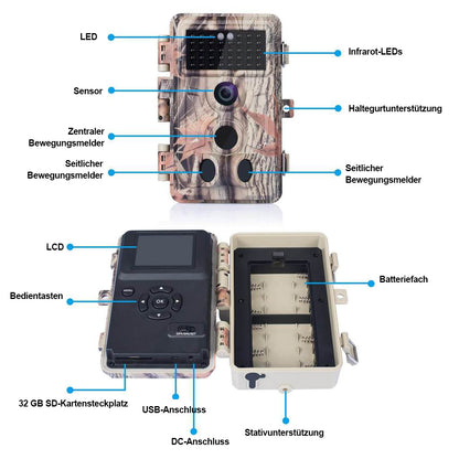 Wildkamera 24MP 2304*1296p mit Bewegungsmelder Nachtsicht Max. Entfernung bis 90 Füße, 0,1s Schnelle Trigger Geschwindigkeit，IP66 Wasserdichter| A262