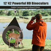 12x42 HD Fernglas Geeignet für Erwachsene, Großes Sichtfeld mit Klarer Niedriger Nachtsicht IPX7 Wasserdicht Mehrschichtvergütetes Feld 5,6° für Outdoor, Jagd