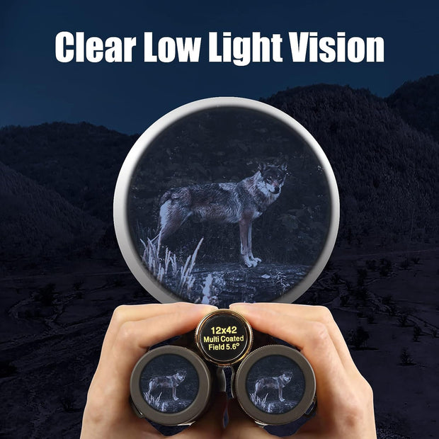12x42 HD Fernglas Geeignet für Erwachsene, Großes Sichtfeld mit Klarer Niedriger Nachtsicht IPX7 Wasserdicht Mehrschichtvergütetes Feld 5,6° für Outdoor, Jagd