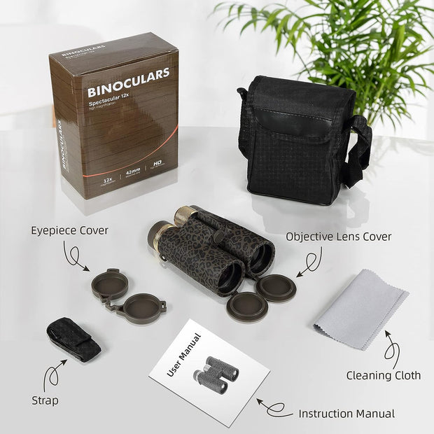 12x42 HD Fernglas Geeignet für Erwachsene, Großes Sichtfeld mit Klarer Niedriger Nachtsicht IPX7 Wasserdicht Mehrschichtvergütetes Feld 5,6° für Outdoor, Jagd