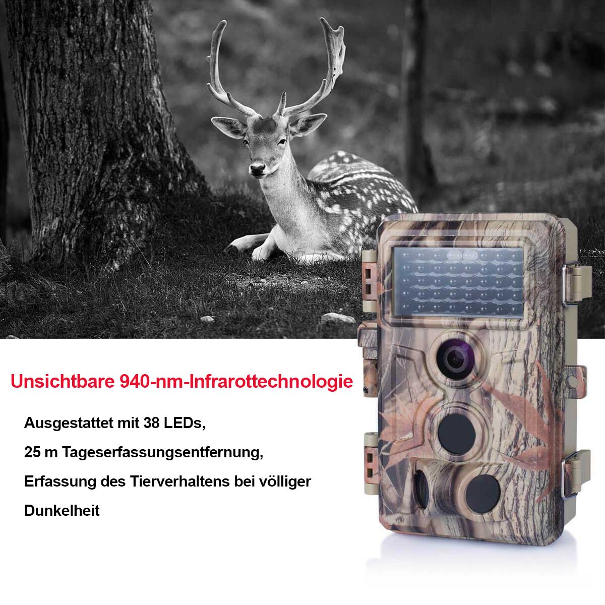 Wildkamera 24MP 2304*1296p mit Bewegungsmelder Nachtsicht Max. Entfernung bis 90 Füße, 0,1s Schnelle Trigger Geschwindigkeit，IP66 Wasserdichter| A262
