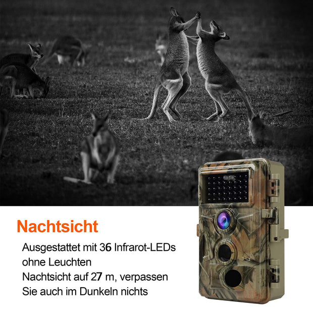 2-tlg. Wildtierkamera 24MP 1296p mit Bewegungsmelder Nachtsicht Max. Entfernung bis 90 Füße, 0,1s Trigger Geschwindigkeit，IP66 Wasserdichter| A262